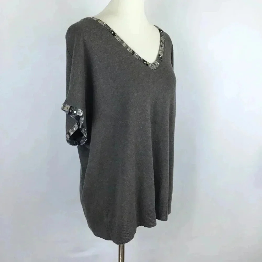 NWT Women's 1X Spring Lightweight Sweater Sequins Beaded CJ Banks V-Neck Gray - Picture 3 of 13